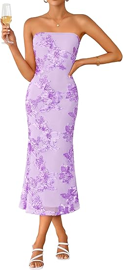 Women's Summer Strapless Floral Midi Dress 2026 Bodycon Mesh Tube Wedding Guest Cocktail Party Formal Dresses
