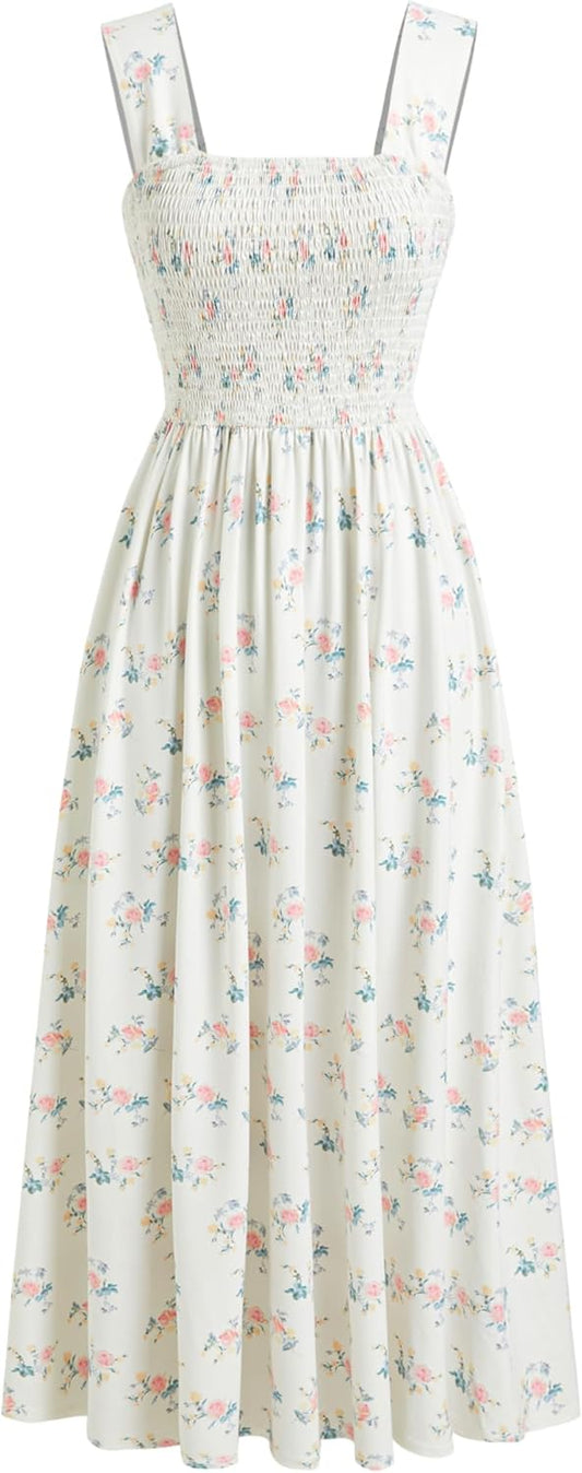 Womens Floral Summer Dresses Square Neck Sleeveless Midi A Line Casual Sundress