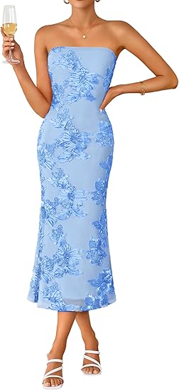 Women's Summer Strapless Floral Midi Dress 2026 Bodycon Mesh Tube Wedding Guest Cocktail Party Formal Dresses