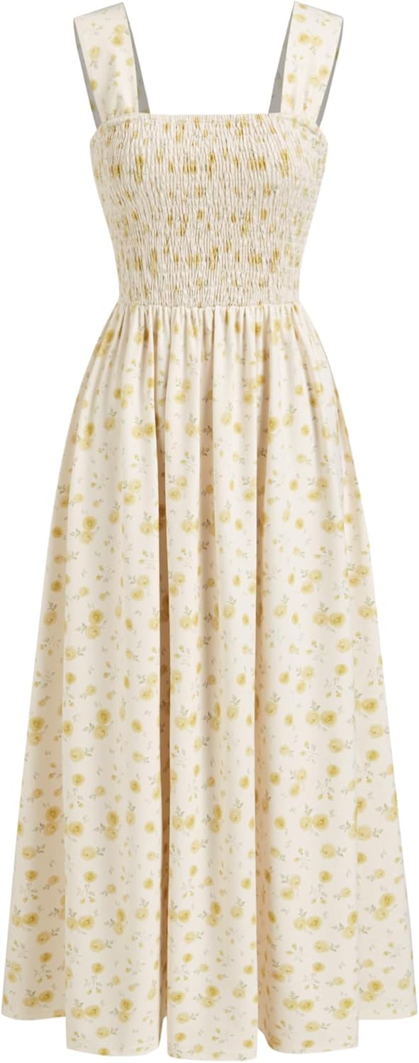 Womens Floral Summer Dresses Square Neck Sleeveless Midi A Line Casual Sundress