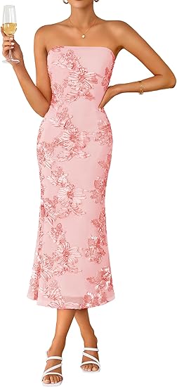 Women's Summer Strapless Floral Midi Dress 2026 Bodycon Mesh Tube Wedding Guest Cocktail Party Formal Dresses