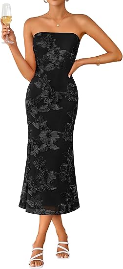 Women's Summer Strapless Floral Midi Dress 2026 Bodycon Mesh Tube Wedding Guest Cocktail Party Formal Dresses
