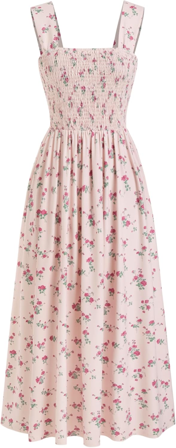 Womens Floral Summer Dresses Square Neck Sleeveless Midi A Line Casual Sundress