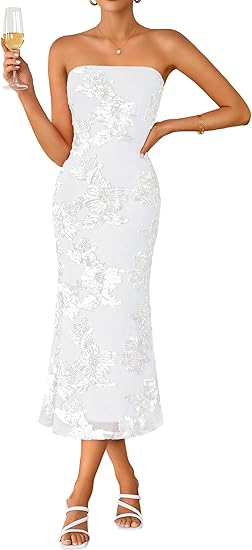 Women's Summer Strapless Floral Midi Dress 2026 Bodycon Mesh Tube Wedding Guest Cocktail Party Formal Dresses