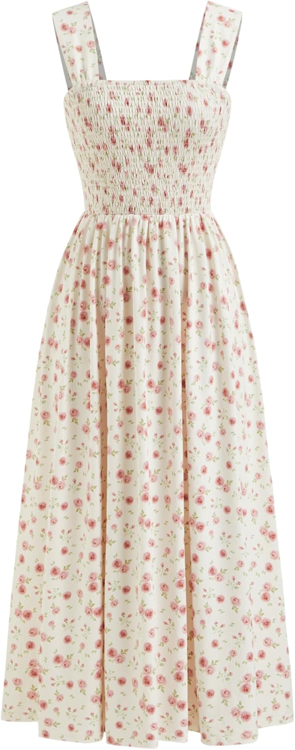 Womens Floral Summer Dresses Square Neck Sleeveless Midi A Line Casual Sundress