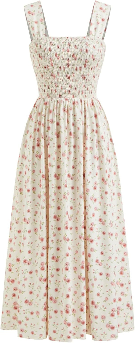 Womens Floral Summer Dresses Square Neck Sleeveless Midi A Line Casual Sundress
