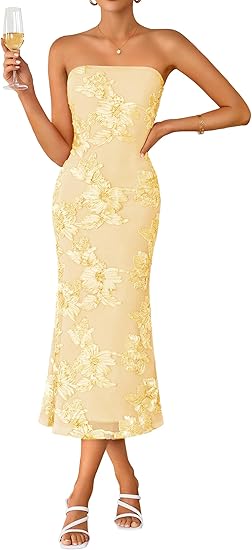 Women's Summer Strapless Floral Midi Dress 2026 Bodycon Mesh Tube Wedding Guest Cocktail Party Formal Dresses